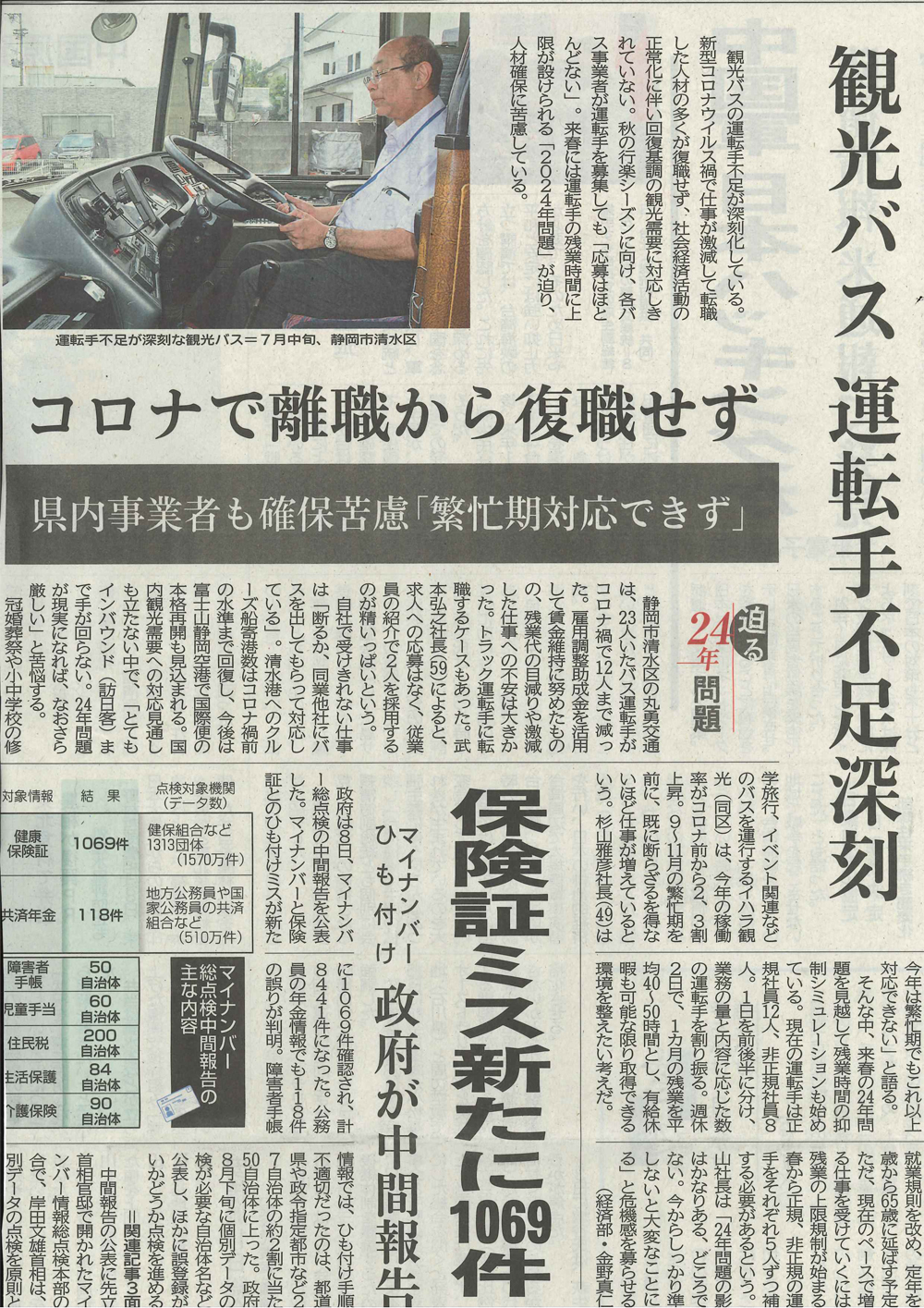 8月8日付　静岡新聞１面記事